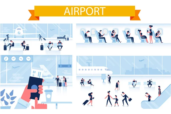 Aeroporto Fundo Horizontal Pessoas Sentadas Caminhando Terminal Aeroporto Ilustração Vetorial — Vetor de Stock