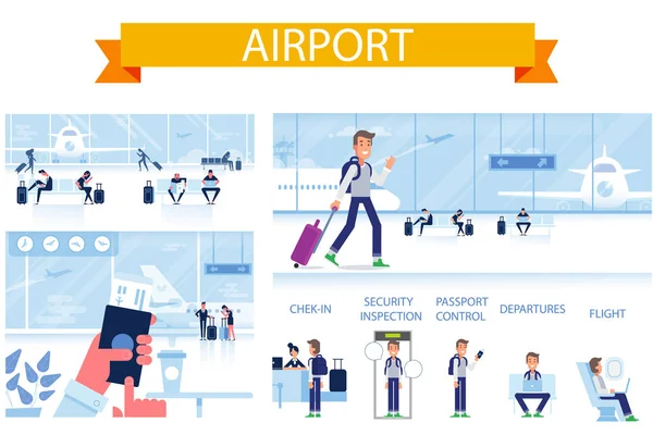 Airport Horizontal Background People Sitting Walking Airport Terminal Flat Vector — Stock Vector