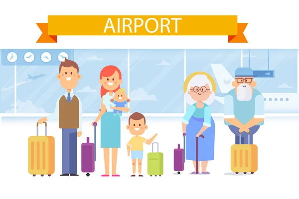 Família Dos Desenhos Animados Com Bagagem Aeroporto Espera Voo Ilustração —  Vetores de Stock