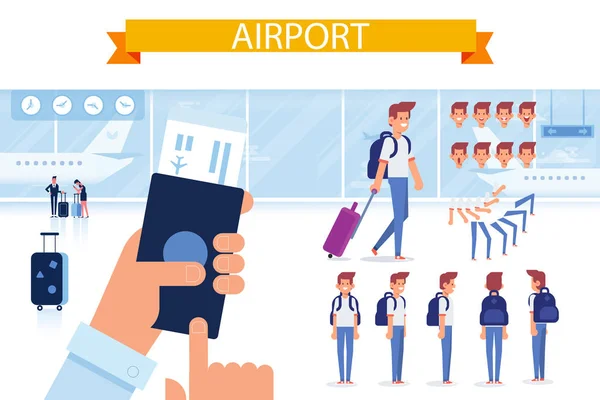 Aeropuerto Gente Viajando Diseño Frente Lado Espalda Ver Personaje Animado — Archivo Imágenes Vectoriales