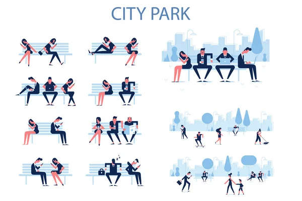 Vida Moderna Ciudad Ilustración Plana Personas Que Usan Teléfonos Caminando — Vector de stock