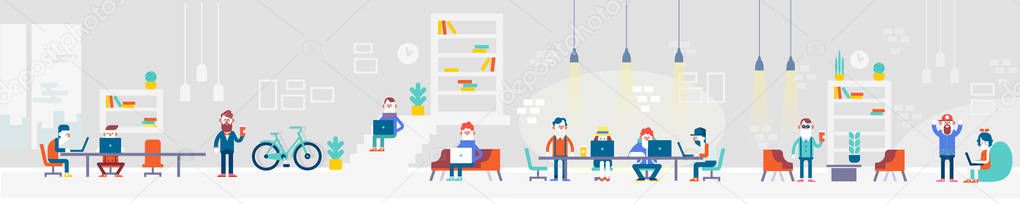 Cartoon Coworking people horizontal banner.  Concept design for web, infographics.  Flat style vector illustration. 