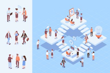 Takım çalışması, işbirliği. Office insanlar. İzometrik insanlar kümesi vektör. İzometrik office çalışma alanıyla birlikte çalışan kişiler. Coworking. Düz vektör çizim.