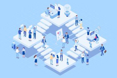 Takım çalışması, işbirliği. Office insanlar. İzometrik insanlar kümesi vektör. İzometrik office çalışma alanıyla birlikte çalışan kişiler. Coworking. Düz vektör çizim.