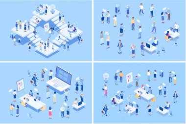 Takım çalışması, işbirliği. Office insanlar. İzometrik insanlar kümesi vektör. İzometrik office çalışma alanıyla birlikte çalışan kişiler. Coworking. Düz vektör çizim.