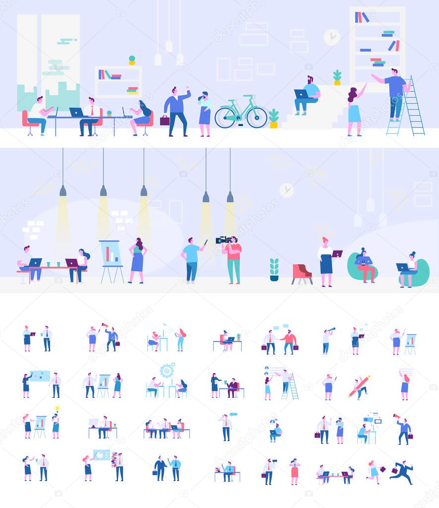 Coworking people flat vector set. Business meeting. Teamwork. Business people, freelancers working together. Office life. Concept design for web. Cartoon Flat style characters.