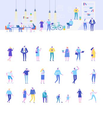 Coworking insanlar düz vektör seti. Takım çalışması. Karikatür Düz tarzı karakterler.