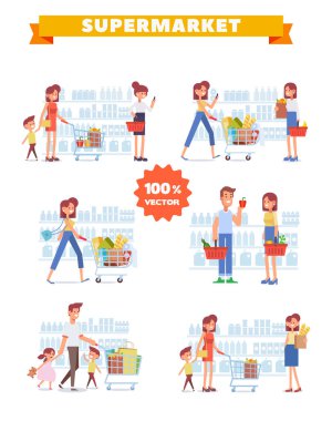 İnsanlar alışveriş süpermarket vektör ayarlayın. Büyük satış. Düz vektör çizim.