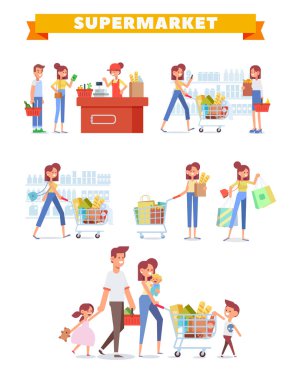 İnsanlar alışveriş süpermarket vektör ayarlayın. Büyük satış. Düz vektör çizim.