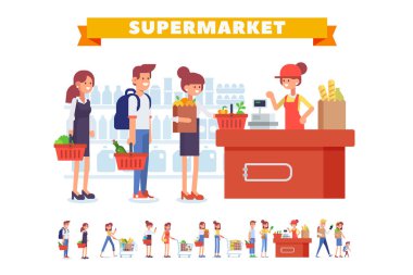 İnsanlar alışveriş süpermarket vektör ayarlayın. Büyük satış. Düz vektör çizim.