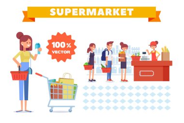 İnsanlar alışveriş süpermarket vektör ayarlayın. Büyük satış. Düz vektör çizim.