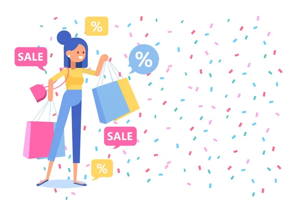 Junge Frau Mit Einkaufstaschen Einkaufszentren Online Shopping Großer Verkauf Flache — Stockvektor
