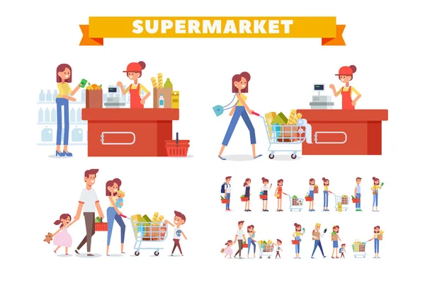 Persone Shopping Supermercato Set Vettoriale Grande Vendita Illustrazione Vettoriale Piatto — Vettoriale Stock