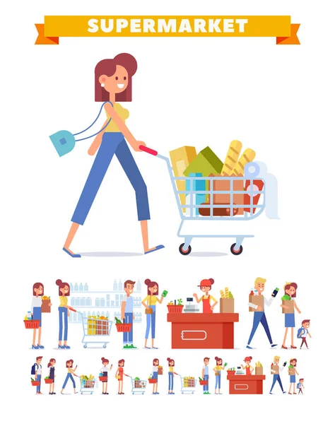 İnsanlar alışveriş süpermarket vektör ayarlayın. Büyük satış. Düz vektör çizim.