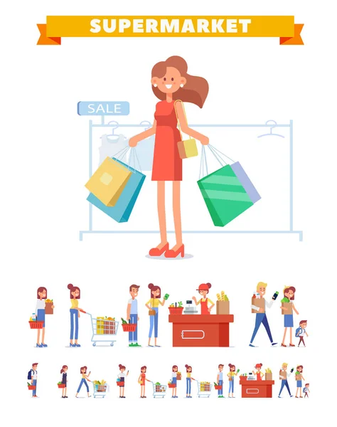 People Shopping Supermarket Vector Set Big Sale Flat Vector Illustration — Stock Vector