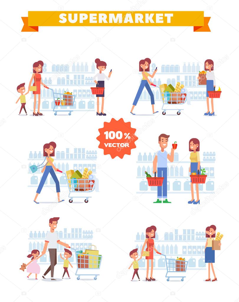 People Shopping in supermarket  vector set. Big sale. Flat vector illustration.