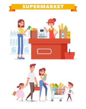 İnsanlar alışveriş süpermarket vektör ayarlayın. Büyük satış. Düz vektör çizim.