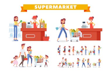 İnsanlar alışveriş süpermarket vektör ayarlayın. Büyük satış. Düz vektör çizim.