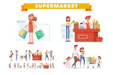 İnsanlar alışveriş süpermarket vektör ayarlayın. Büyük satış. Düz vektör çizim.
