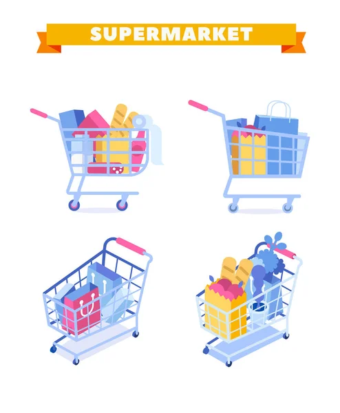 Diferentes Carros Compras Vectores Isométricos Planos Con Compras Alimentos Compras — Vector de stock