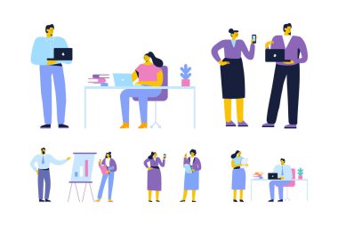 İş görüşmesi. Ekip çalışması. Birlikte çalışan iş adamları. Büro hayatı. Konsept tasarımı web için. Çizgi film düz stil karakterleri.