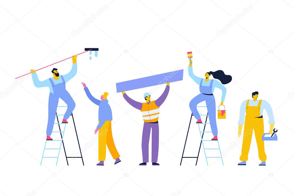 People occupations. Worker. Repairs. Male and female characters vector set. Flat vector characters isolated on white.