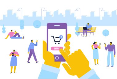 Online Alışveriş vektör kümesi. Farklı insanlar mobil alışveriş yapmak. İnsan eli istimal hareket eden telefon satın almak için. Düz vektör karikatür çizim