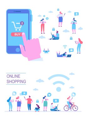 Online Alışveriş vektör kümesi. Farklı insanlar mobil alışveriş yapmak. İnsan eli istimal hareket eden telefon satın almak için. Düz vektör karikatür çizim