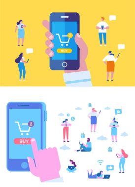 Online Alışveriş vektör kümesi. Farklı insanlar mobil alışveriş yapmak. İnsan eli istimal hareket eden telefon satın almak için. Düz vektör karikatür çizim