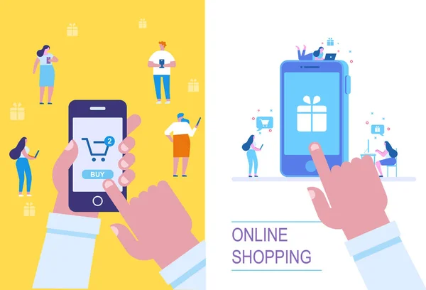 网上购物矢量集 不同的人做移动购物 人的手使用手机购买 平的向量动画片例证 — 图库矢量图片