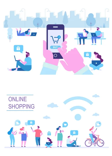 オンライン ショッピング ベクトルを設定します さまざまな人々 モバイル ショッピングを行います 購入のための携帯電話を使用して人間の手 ベクトル漫画の実例をフラットします — ストックベクタ