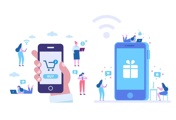 オンライン ショッピング ベクトルを設定します さまざまな人々 モバイル ショッピングを行います 購入のための携帯電話を使用して人間の手 ベクトル漫画の実例をフラットします — ストックベクタ