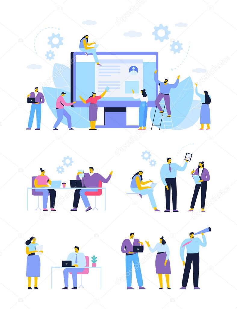 Business people vector set. Cooperation. Business meeting. Teamwork. Business people working together. Cartoon Flat style characters isolated on white background.