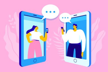 Sanal ilişki vektör kavramı. İnsanlar genç bir çift smartphone ekranında sohbet. Sanal kalma. Düz vektör tasarımı. 