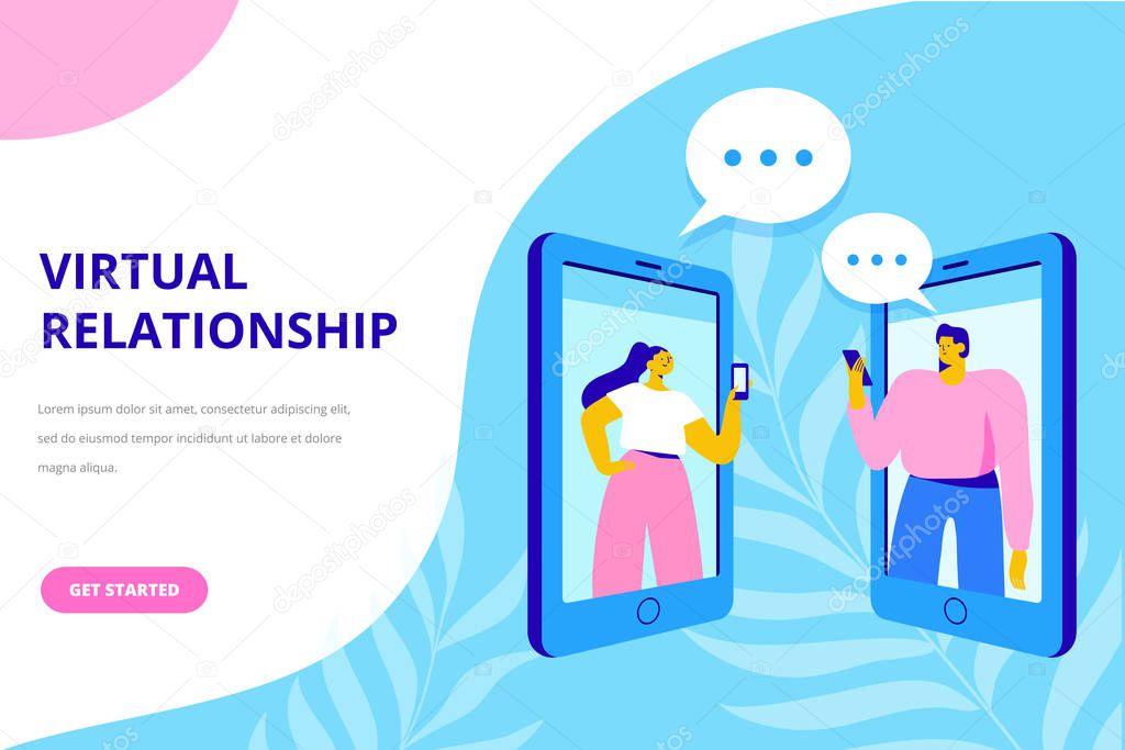 Virtual relationship vector concept. People young couple chatting in the smartphone screen. Virtual dating. Flat vector design. 