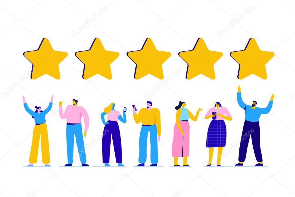 Customer review rating. Different People give review rating and feedback. Flat vector illustration.