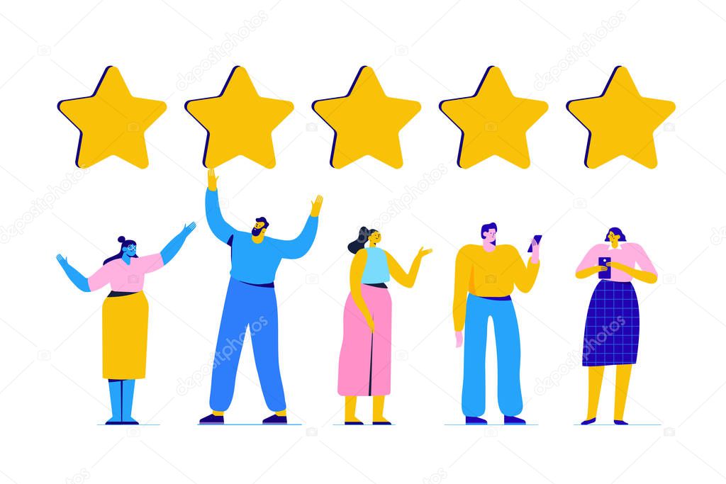 Customer review rating. Different People give review rating and feedback. Flat vector illustration.