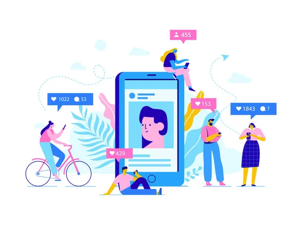 Ilustração Conceito Mídia Social Pessoas Planas Perto Grande Imagem Telefone — Vetor de Stock