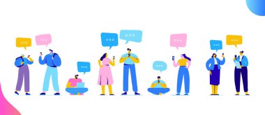 Sanal iletişim kavramı. Bir grup genç insan sohbet Smartphone kullanarak karakter. Web için düz vektör çizim. 