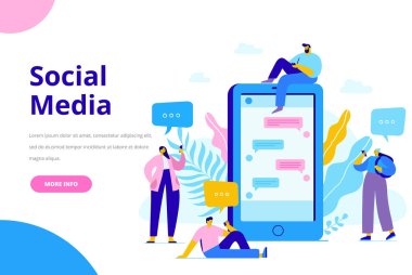 Sanal iletişim kavramı. Bir grup genç insan sohbet Smartphone kullanarak karakter. Web için düz vektör çizim. 