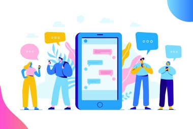 Sanal iletişim kavramı. Bir grup genç insan sohbet Smartphone kullanarak karakter. Web için düz vektör çizim. 