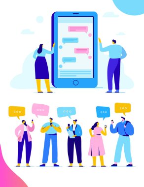 Sanal iletişim kavramı. Bir grup genç insan sohbet Smartphone kullanarak karakter. Web için düz vektör çizim. 