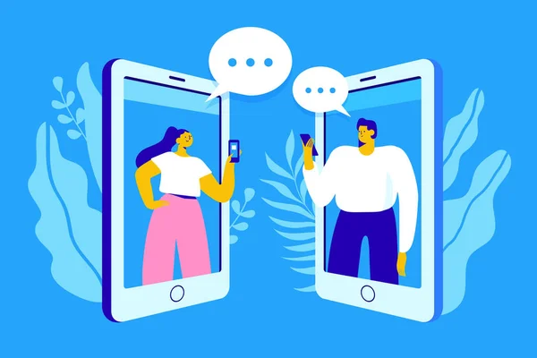 Concept Communication Virtuelle Jeune Couple Personnages Bavarder Aide Smartphone Illusion — Image vectorielle
