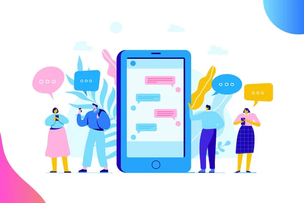 Conceito Comunicação Virtual Grupo Jovens Personagens Conversando Usando Smartphone Ilustração — Vetor de Stock