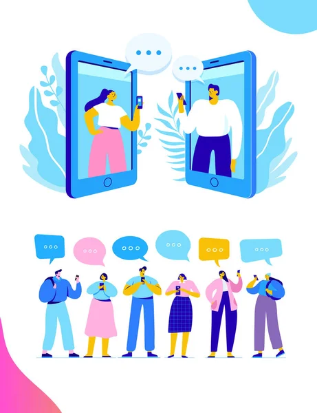 Conceito Comunicação Virtual Grupo Jovens Personagens Conversando Usando Smartphone Ilustração — Vetor de Stock