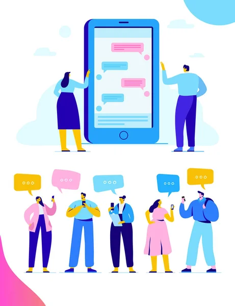 Virtuální Komunikační Koncept Skupina Mladých Lidí Znaky Chatování Pomocí Smartphone — Stockový vektor