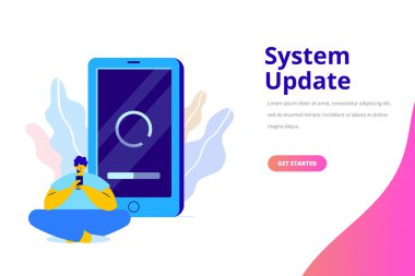 Sistem Güncelleştirme vektör illüstrasyon kavramı. Smartphone ile güncelleştirmek perde. İşlem güncelleştirin. Yeni yazılım yükleme, işletim sistemi, güncelleştirme desteği. Karakter tasarımı 