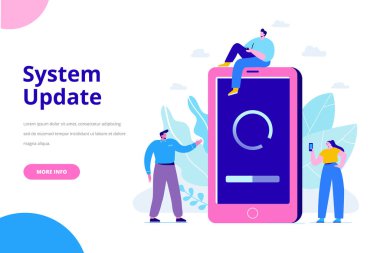 Sistem Güncelleştirme vektör illüstrasyon kavramı. Smartphone ile güncelleştirmek perde. İşlem güncelleştirin. Yeni yazılım yükleme, işletim sistemi, güncelleştirme desteği. Karakter tasarımı 