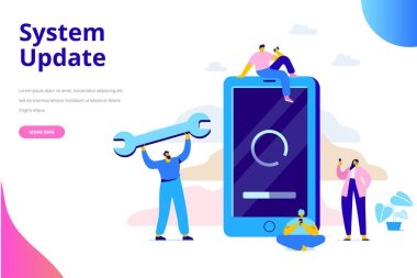 Sistem Güncelleştirme vektör illüstrasyon kavramı. Smartphone ile güncelleştirmek perde. İşlem güncelleştirin. Yeni yazılım yükleme, işletim sistemi, güncelleştirme desteği. Karakter tasarımı 