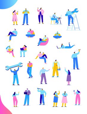 Düz insanlar kümesi vektör. İnsanlar kalabalık. Takım çalışması, iletişim. Beyaz arka plan üzerinde izole modern düz stil vektör karakter.